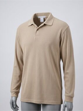 Geoffrey Beene Mens XL Ribbed Long Sleeve Polo Shirt Beige 100% Cotton